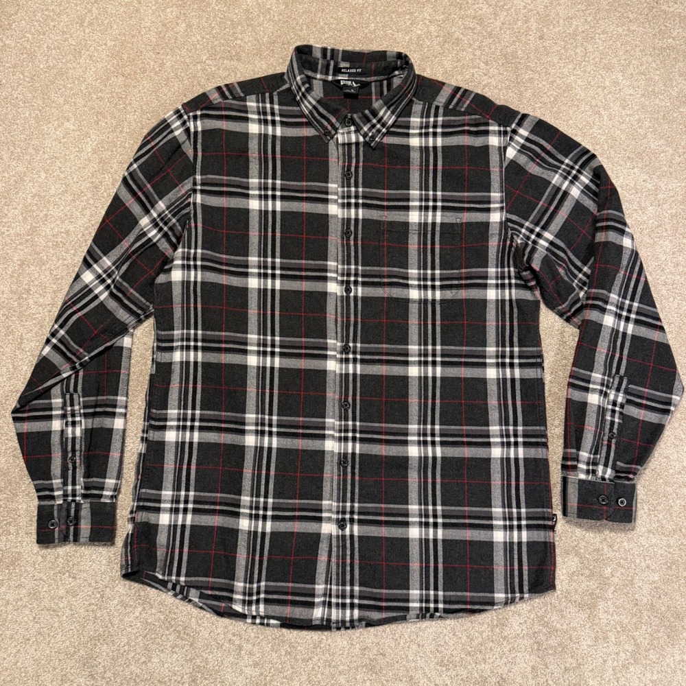Eddie Bauer Flannel Shirt Mens TL Grey Plaid Relaxed Fit Cotton Button Down